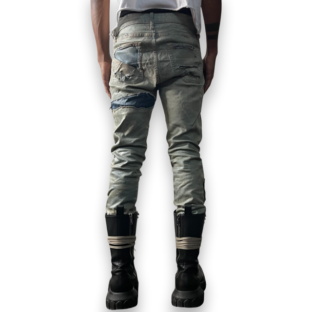 Distressed Worker Wax Skinny Jeans