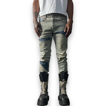 Distressed Worker Wax Skinny Jeans