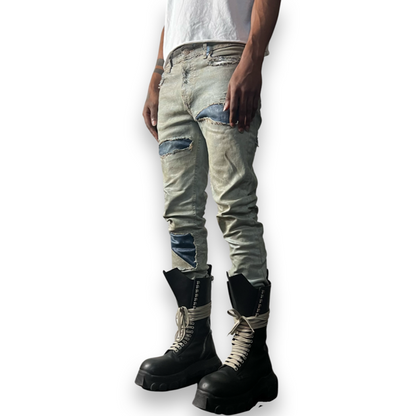 Distressed Worker Wax Skinny Jeans